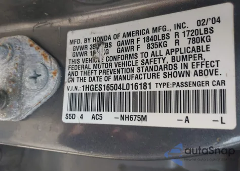 2004 Honda Civic Lx z USA, uszkodzony, nr VIN 1HGES16504L016181